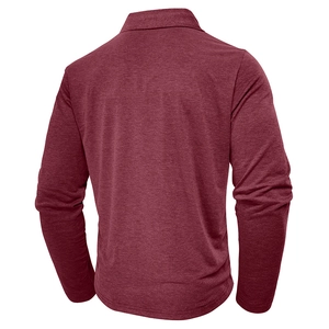 Detailed back view of a wine red long-sleeve polo shirt with waffle textured fabric