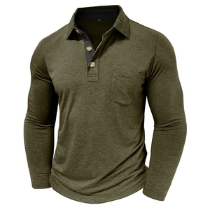 Detail of olive green long-sleeved polo shirt showing wooden buttons and chest pocket