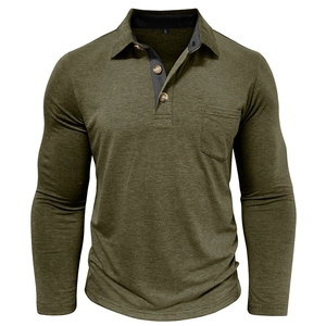Detail of olive green long sleeve Polo shirt featuring a turn-down collar and chest pocket