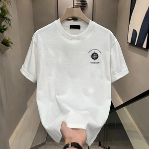 White heavy cotton T-shirt for men featuring a blue compass chest print and crew neck
