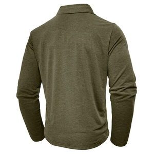 Rear view of olive green long-sleeved polo shirt showing knit texture and collar detail