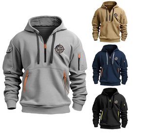 Detail of 1/4 zip men's tactical hoodie featuring contrast zipper pulls and logo