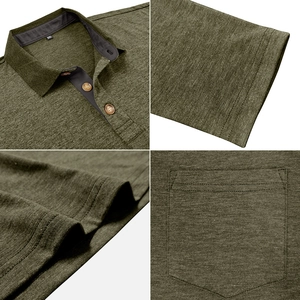 Macro detail of olive green men's Polo shirt showing chest pocket, collar and fabric texture