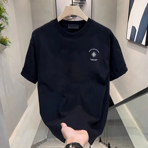 Heavyweight black cotton T-shirt with chest graphic on hanger for 2025 casual fashion