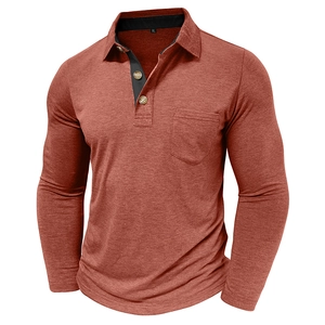 Detail of XL size label and black collar lining on brick red long sleeve polo shirt