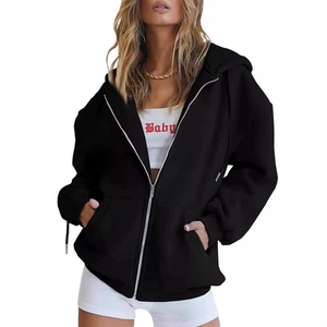 Oversized black zip-up hoodie for women with drop shoulder and silver metal zipper