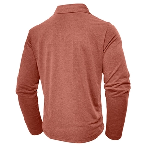 Detail view of the stitching on the back shoulder of a rust red long-sleeve polo shirt