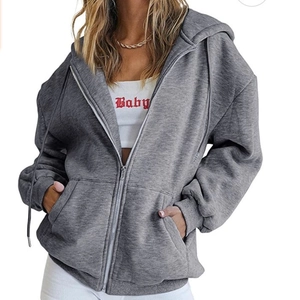 Oversized dark grey zip-up hoodie for women with casual drop shoulder and large pockets