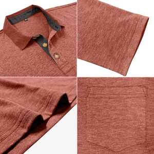 Detail view of brick red long sleeve Polo shirt featuring wood buttons and chest pocket