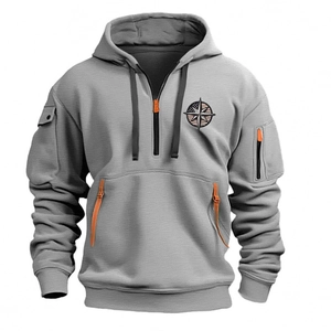 Men's grey tactical hoodie with half-zip closure, multi-pockets, and orange accents