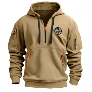 Men's khaki tactical hoodie with multi-pocket design and star badge on white background