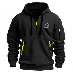 Men's black tactical hoodie with quarter zipper, compass logo and neon zipper pulls