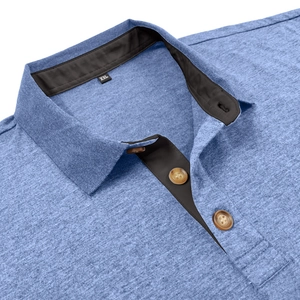 Close-up of men's polo shirt neckline with light blue knit texture and dark trim
