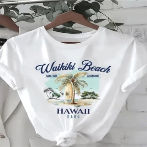 T-shirt estiva bianca da donna con stampa Hawaii Waikiki Beach e dettaglio nodo frontale