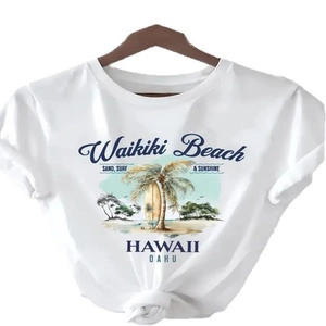 T-shirt estiva bianca da donna con stampa Hawaii Waikiki e nodo frontale alla moda