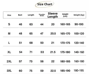 Detailed size chart for cotton t-shirt featuring measurements from size S to 3XL