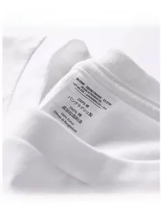 Macro detail of the white crew neck collar ribbing and inner cotton neck label