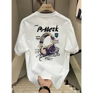 Men Heavy Cotton T-Shirt Round Neck Short Sleeve Loose Fit Streetwear Graphic Headphone Print Casual Tee Top For Men