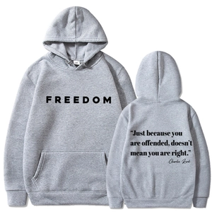 Unisex grauer Kapuzenpullover mit Freedom-Aufdruck und Zitat auf dem Rücken