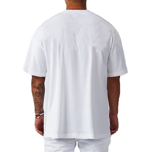 Back view of men's white breathable mesh workout t-shirt in oversized fit design