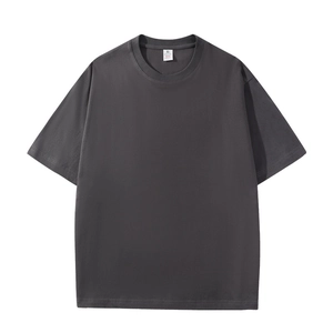 Dunkelgraues schweres Baumwoll-T-Shirt mit überschnittenen Schultern und Rundhals