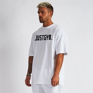 Detail view of cotton white oversized gym t-shirt with black JUSTGYM letter print