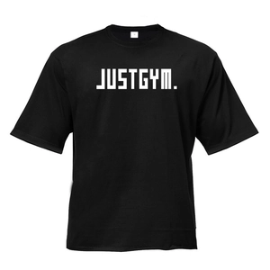 Detail of oversized black cotton gym t-shirt featuring bold JUSTGYM letter print