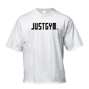 Close-up of JUSTGYM lettering and breathable cotton fabric on white fitness t-shirt
