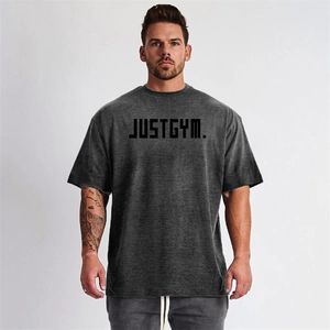 Men Cotton Oversized Gym T-Shirt Short Sleeve Muscle Fit Breathable Sport Top Justgym Letter Print For Fitness Workout