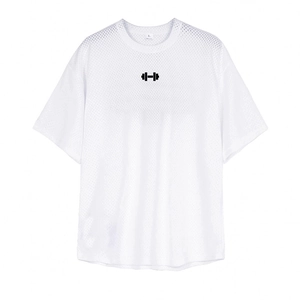 Detail of white mesh fitness T-shirt featuring breathable fabric and dumbbell logo