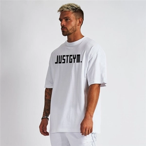 Men's oversized white gym t-shirt with JUSTGYM print and minimalist loose fit design