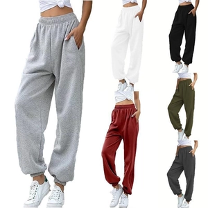 Multiple colors of women's high-waisted joggers with side pockets and cuffed ankles