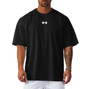 Men's breathable mesh athletic t-shirt in oversized black fit with dumbbell logo