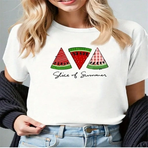 Maglietta Donna Casual Cotone Elastan Slice Of Summer Anguria Stampa Manica Corta Girocollo Top Largo per Uso Quotidiano
