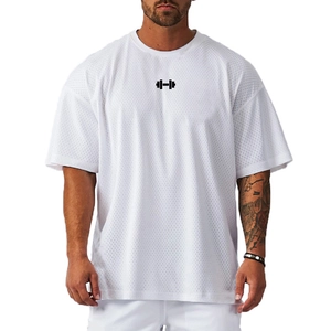 Men's oversized white mesh gym t-shirt with barbell logo for fitness and bodybuilding