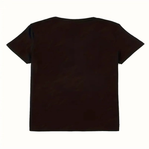 Vista posteriore piatta di una t-shirt da donna nera a maniche corte con girocollo in cotone