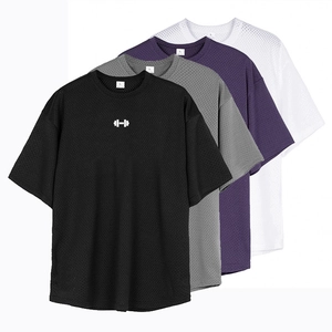 Breathable mesh fitness T-shirts for men in black, grey, purple, and white colors