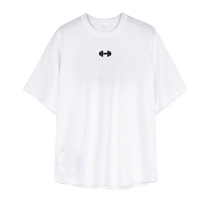 Men's breathable white mesh t-shirt with black dumbbell graphic for gym and fitness