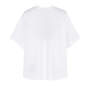 Detailed back view of men's white mesh fitness t-shirt with breathable fabric texture