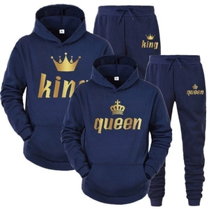 Set blu navy felpa con cappuccio e pantaloni King and Queen con stampa a corona dorata