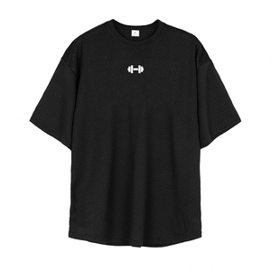 Men's black mesh fitness t-shirt with white dumbbell print and breathable round neck