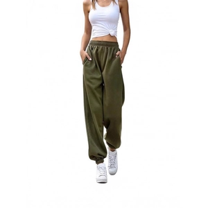 Women high-waisted jogger pants in army green featuring elastic waist and ribbed cuffs