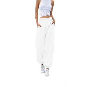 Women's high waist white joggers in loose fit cotton blend with elastic ankles