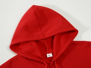 Close-up of red hoodie neckline showing quality stitching and white size L tag
