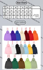 Tableau des tailles XS-3XL et 19 options de couleurs pour ce sweat à capuche