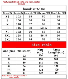Detailed size chart for women's oversized hoodie and wide-leg track pants set in centimeters