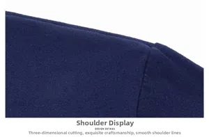 Vue macro détaillée de la construction d'épaule 3D sur un t-shirt en coton bleu marine