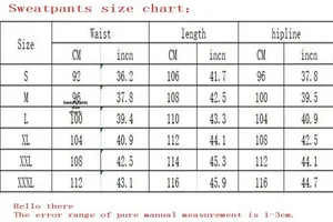 Detailed size chart for women's sweatpants showing waist, length, and hipline measurements