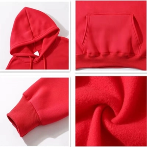 Detail view of red fleece hoodie featuring kangaroo pocket and ribbed sleeve cuffs