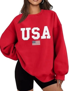 Detail of red crewneck sweatshirt with white USA block lettering and American flag print